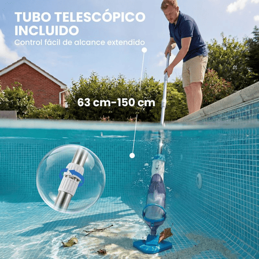 Outsunny Limpa-Fundos de Piscina a Bateria Aspirador de Piscina Sem Fios com Escova Cabo Telescópico 63-150 cm Aspirador Manual para Piscinas Pequenas Tanques 60 Minutos de Limpeza Azul