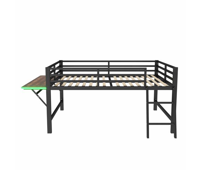 Cama baja 140x200 cm - metal, sin colchón, barandilla, escalera, escritorio, tira led - negra