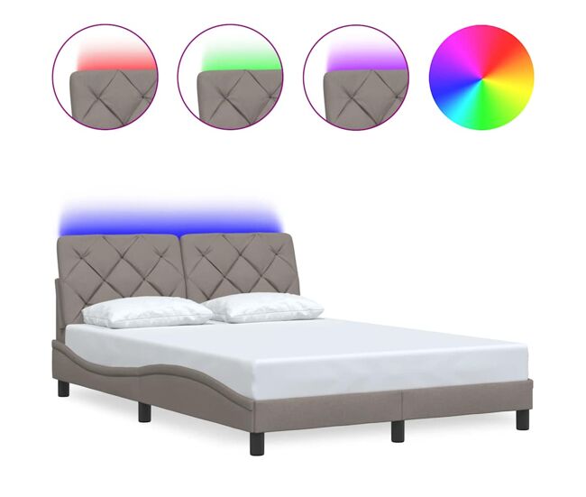 Estructura de cama doble matrimonial con led - tela gris taupe 140x190 cm