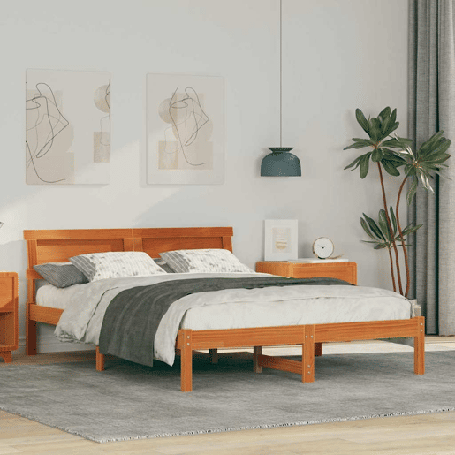 Estrutura de cama de casal simple com cabeceira - Marrom Cera 135 x 190 cm