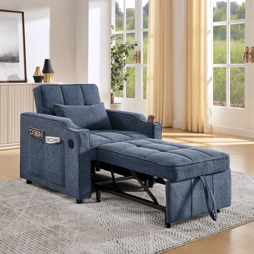 Sofá-cama de 1 lugar - Mecanismo deslizante, porta USB, estilo luxuoso e elegante - Azul-marinho