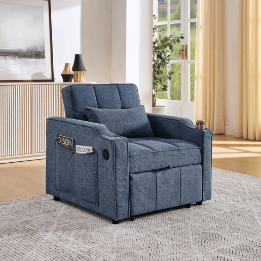 Sofá-cama de 1 lugar - Mecanismo deslizante, porta USB, estilo luxuoso e elegante - Azul-marinho