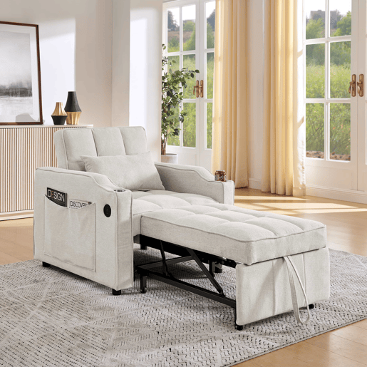 Poltrona-cama de 1 lugar - Função de cama, USBType-C, porta-copos em aço inoxidável, encosto ajustável em 3 níveis, bolsos laterais - Bege