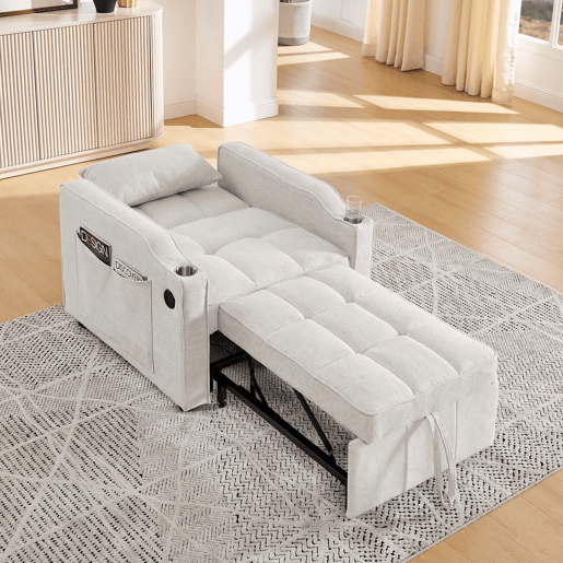 Poltrona-cama de 1 lugar - Função de cama, USBType-C, porta-copos em aço inoxidável, encosto ajustável em 3 níveis, bolsos laterais - Bege