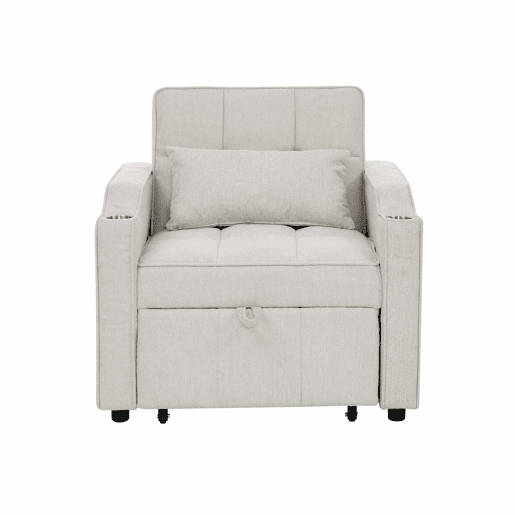 Poltrona-cama de 1 lugar - Função de cama, USBType-C, porta-copos em aço inoxidável, encosto ajustável em 3 níveis, bolsos laterais - Bege