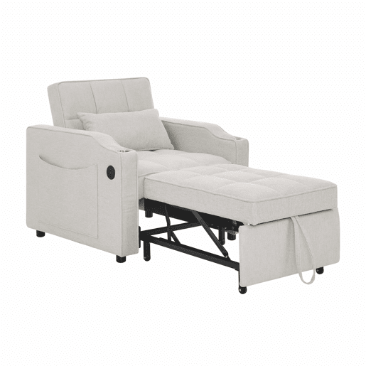 Poltrona-cama de 1 lugar - Função de cama, USBType-C, porta-copos em aço inoxidável, encosto ajustável em 3 níveis, bolsos laterais - Bege