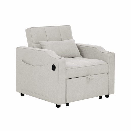 Poltrona-cama de 1 lugar - Função de cama, USBType-C, porta-copos em aço inoxidável, encosto ajustável em 3 níveis, bolsos laterais - Bege