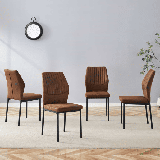 Conjunto de 4 cadeiras de jantar estilo leve-luxuoso - Encosto castanho em tecido técnico com padrão vertical + pernas em metal preto