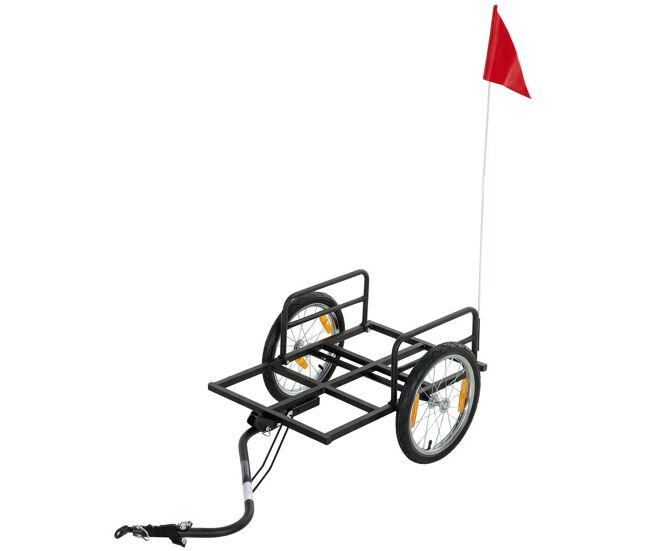 Sportnow remolque de bicicleta para carga 40 kg, carro de mano de acero con bandera roja, ruedas de 16 pulgadas, para transporte de equipaje, para bici de 22 a 28 pulgadas, 145x60x42 cm, negro