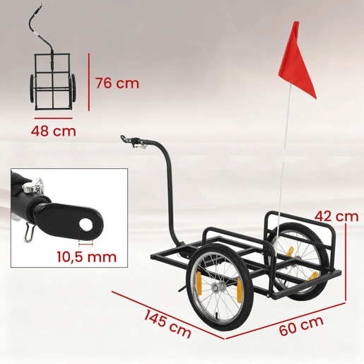 SPORTNOW Reboque para Bicicleta de Carga 40 kg, Carrinho de Mão de Aço com Bandeira Vermelha, Rodas de 16 Polegadas, para Transporte de Bagagem, para Bicicletas de 22 a 28 Polegadas, 145x60x42 cm, Preto