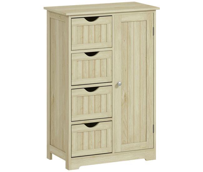 Kleankin armario de baño, columna de baño estrecha con 4 cajones y estante ajustable, estilo moderno, para espacios pequeños, 56x30x83 cm, madera natural