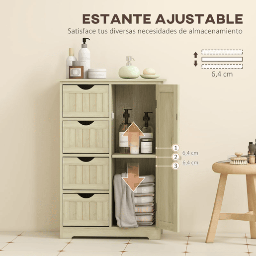 kleankin Armário de Casa de Banho, Coluna Estreita com 4 Gavetas e Prateleira Ajustável Estilo Moderno para Espaços Pequenos 56x30x83 cm Madeira