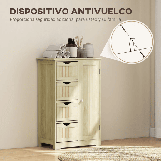 kleankin Armário de Casa de Banho, Coluna Estreita com 4 Gavetas e Prateleira Ajustável Estilo Moderno para Espaços Pequenos 56x30x83 cm Madeira
