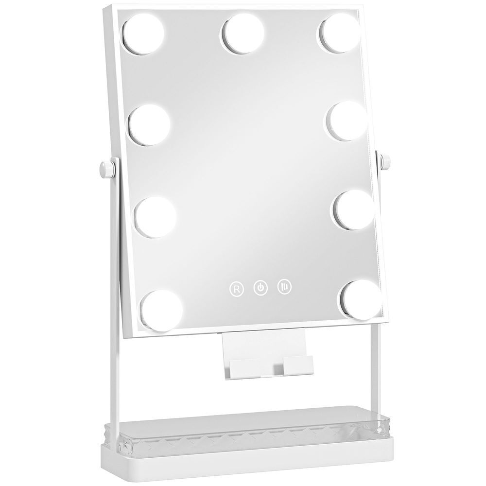 Homcom hollywood espejo de maquillaje con luz, espejo de tocador giratorio con 9 bombillas led, 3 colores, interruptor táctil, soporte para teléfono y