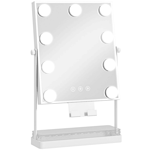 HOMCOM Espelho de Maquilhagem com Luz Espelho de Tocador Giratório com 9 Lâmpadas LED 3 Cores Interruptor Tátil Suporte para Telemóvel e Bandeja Branco
