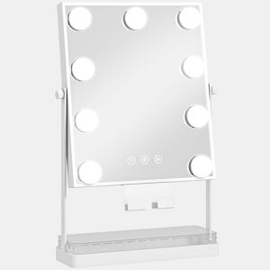 HOMCOM Espelho de Maquilhagem com Luz Espelho de Tocador Giratório com 9 Lâmpadas LED 3 Cores Interruptor Tátil Suporte para Telemóvel e Bandeja Branco