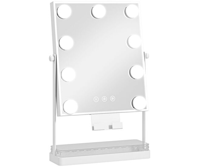 Homcom hollywood espejo de maquillaje con luz, espejo de tocador giratorio con 9 bombillas led, 3 colores, interruptor táctil, soporte para teléfono y