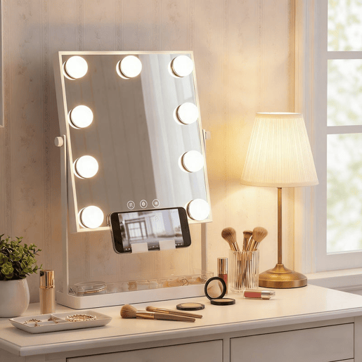 HOMCOM Espelho de Maquilhagem com Luz Espelho de Tocador Giratório com 9 Lâmpadas LED 3 Cores Interruptor Tátil Suporte para Telemóvel e Bandeja Branco