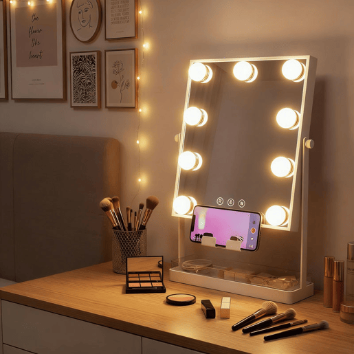 HOMCOM Espelho de Maquilhagem com Luz Espelho de Tocador Giratório com 9 Lâmpadas LED 3 Cores Interruptor Tátil Suporte para Telemóvel e Bandeja Branco
