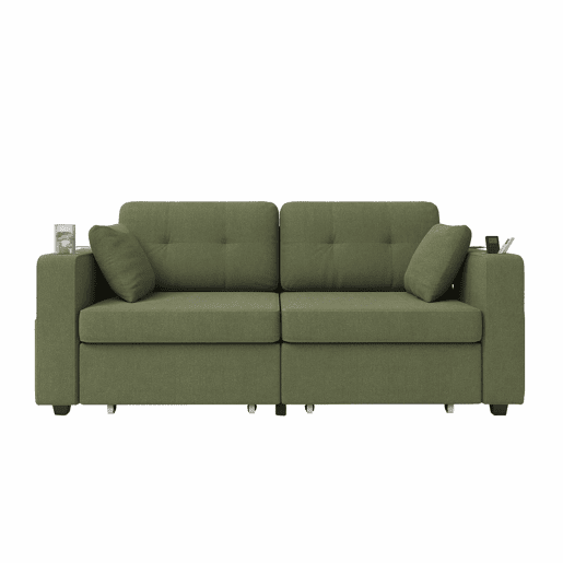 Sofá de 2 lugares - com arrumação, porta-USB, porta-copos e bolsos laterais - verde-oliva
