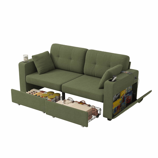 Sofá de 2 lugares - com arrumação, porta-USB, porta-copos e bolsos laterais - verde-oliva