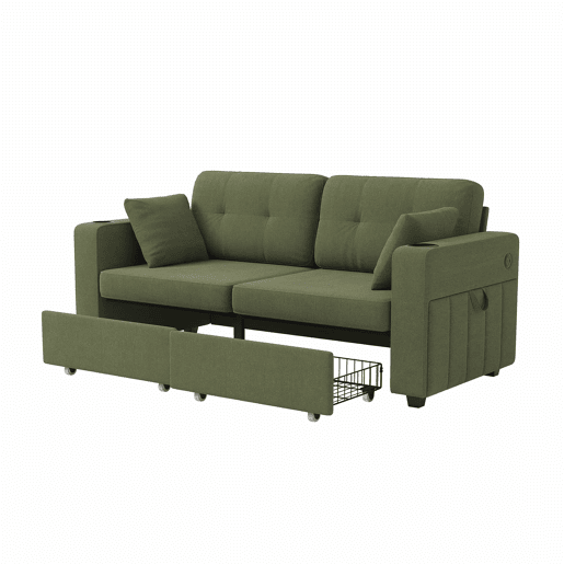 Sofá de 2 lugares - com arrumação, porta-USB, porta-copos e bolsos laterais - verde-oliva
