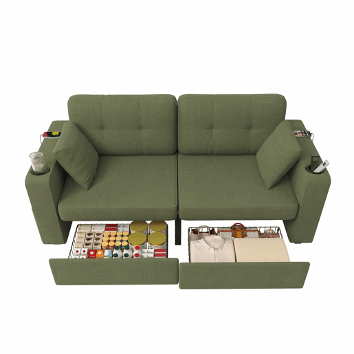 Sofá de 2 lugares - com arrumação, porta-USB, porta-copos e bolsos laterais - verde-oliva