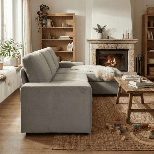 Sofá de canto de 3 lugares - com arrumação, chaise longue, moderno e confortável, molas ensacadas - cinzento claro