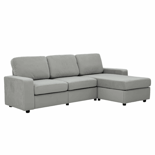 Sofá de canto de 3 lugares - com arrumação, chaise longue, moderno e confortável, molas ensacadas - cinzento claro