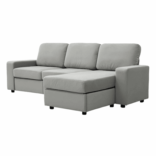 Sofá de canto de 3 lugares - com arrumação, chaise longue, moderno e confortável, molas ensacadas - cinzento claro