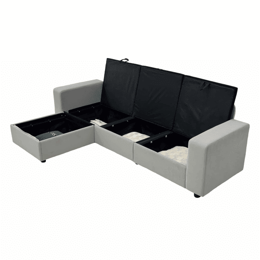 Sofá de canto de 3 lugares - com arrumação, chaise longue, moderno e confortável, molas ensacadas - cinzento claro