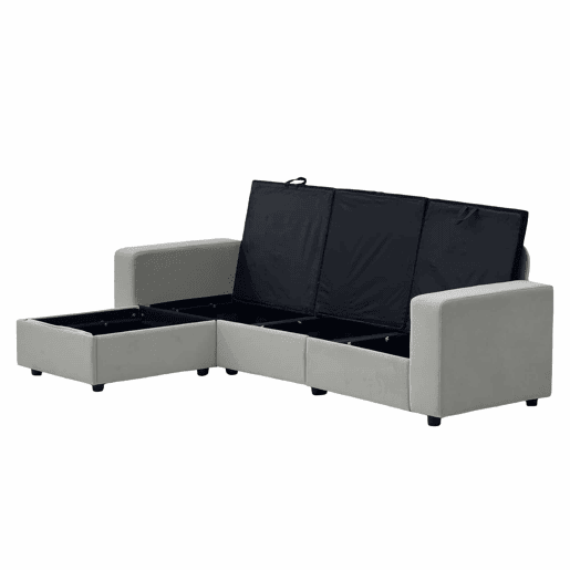 Sofá de canto de 3 lugares - com arrumação, chaise longue, moderno e confortável, molas ensacadas - cinzento claro