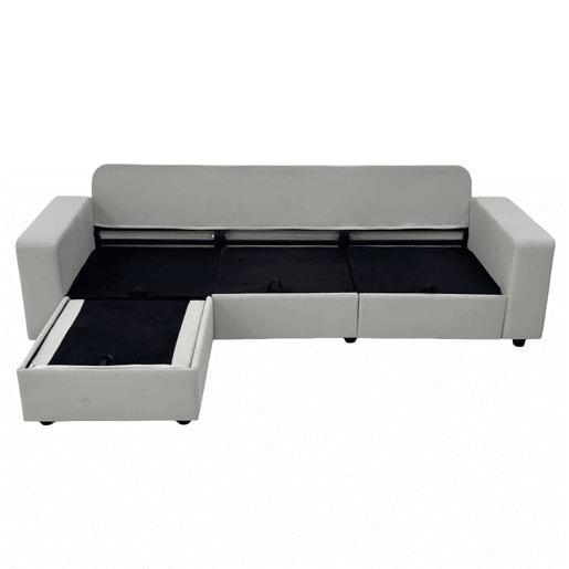 Sofá de canto de 3 lugares - com arrumação, chaise longue, moderno e confortável, molas ensacadas - cinzento claro
