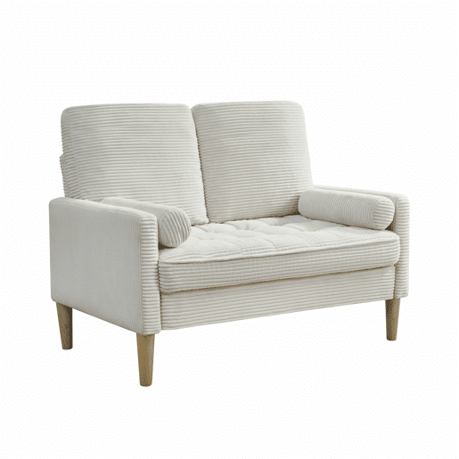 Sofá de 2 lugares - estilo escandinavo, estofado em veludo cotelê, almofadas acolchoadas - bege