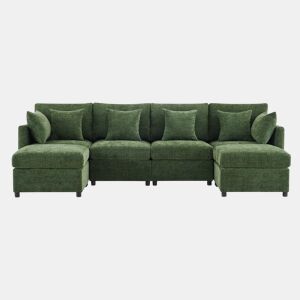 Sofá modular de 6 lugares - convertível em U e L, com 2 pufes e 6 almofadas, em chenille moderna - verde