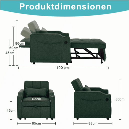 Sofá-cama de 1 lugar - Estilo minimalista de luxo 3 em 1, design deslizante, porta USB, perfeito para descansar - Verde