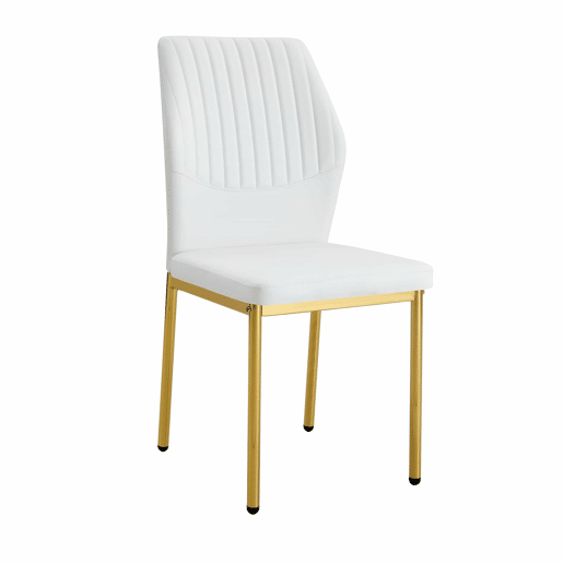 Conjunto de 4 cadeiras de jantar - Estilo luxuoso e leve, encosto em PU branco com padrão vertical + pernas metálicas douradas - Branco + Dourado