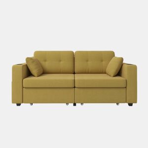 Sofá de 2 lugares - com espaço de arrumação, porta-USB e porta-copos - amarelo mostarda