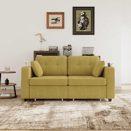 Sofá de 2 lugares - com espaço de arrumação, porta-USB e porta-copos - amarelo mostarda