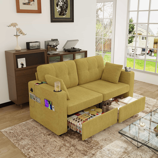 Sofá de 2 lugares - com espaço de arrumação, porta-USB e porta-copos - amarelo mostarda