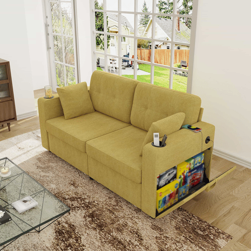 Sofá de 2 lugares - com espaço de arrumação, porta-USB e porta-copos - amarelo mostarda