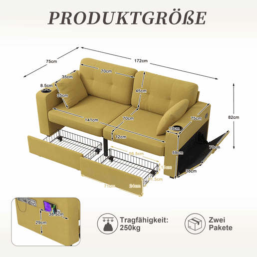 Sofá de 2 lugares - com espaço de arrumação, porta-USB e porta-copos - amarelo mostarda