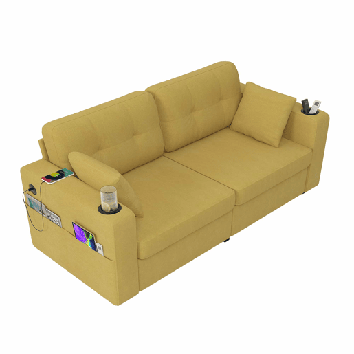 Sofá de 2 lugares - com espaço de arrumação, porta-USB e porta-copos - amarelo mostarda