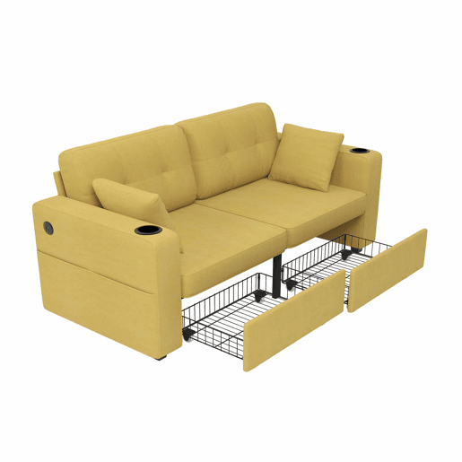 Sofá de 2 lugares - com espaço de arrumação, porta-USB e porta-copos - amarelo mostarda