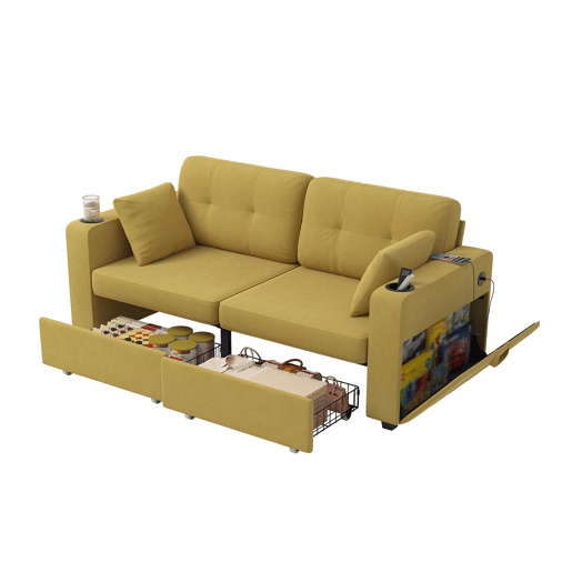 Sofá de 2 lugares - com espaço de arrumação, porta-USB e porta-copos - amarelo mostarda