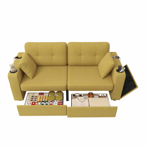 Sofá de 2 lugares - com espaço de arrumação, porta-USB e porta-copos - amarelo mostarda