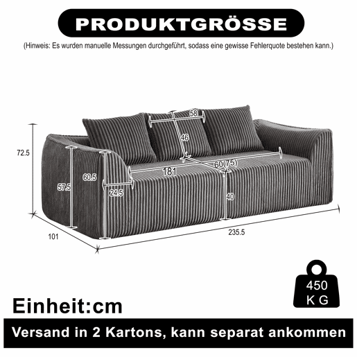 Sofá Minimalista 235 cm 3 lugares - Linhas curvas, encosto ligeiramente inclinado, com duas almofadas - Cinza