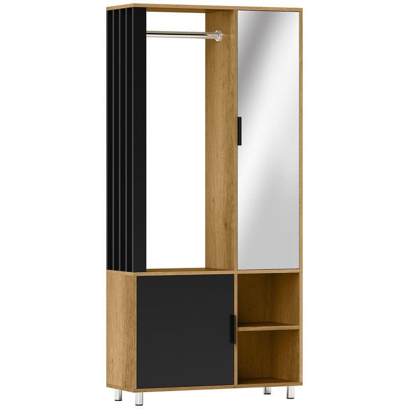 Homcom armario dormitorio con puerta con espejo, armario ropero con barra para colgar, 2 compartimentos abiertos, estilo moderno, 80x30x170 cm, natural y negro