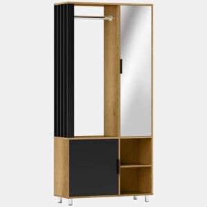 HOMCOM Roupeiro com Espelho e Porta Barra para Pendurar 2 Compartimentos Abertos Estilo Moderno 80x30x170 cm Madeira e Preto