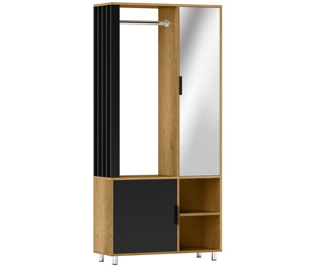 Homcom armario dormitorio con puerta con espejo, armario ropero con barra para colgar, 2 compartimentos abiertos, estilo moderno, 80x30x170 cm, natural y negro